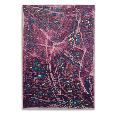 Eine mit blauen, gelben und violetten Folien, gestaltete Leinwand im Format 55 cm x 80 cm. Die geschmolzenen Folien haben die Anmutung eines neuronalen Netzwerkes oder Zellen mit farbigen Einschlüssen. Eine mit blauen, gelben und violetten Folien, gestaltete Leinwand im Format 55 cm x 80 cm. Die geschmolzenen Folien haben die Anmutung eines neuronalen Netzwerkes oder Zellen mit farbigen Einschlüssen.