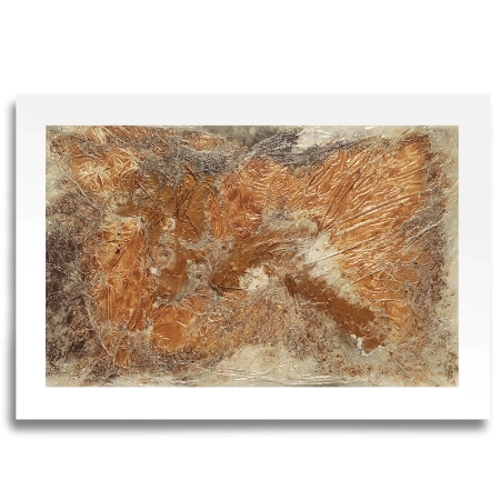 Eine mit oxidiertem Metalloxid auf einer Leinwand im Format 80 cm x 55 cm gestaltete, abstrakte Oberfläche Inform eines kosmischen Bildes. Die komplette Leinwand ist mit einer durchsichtigen Folie überzogen. | mixed-art