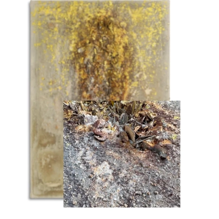 Ein zweiter stark, vergrößerter Ausschnitt einer mit oxidiertem Metalloxid gestalteten Leinwand. Der Ausschnitt zeigt eine Vertiefung, in der unterschiedliche Materialien eingebracht sind. | mixed-art