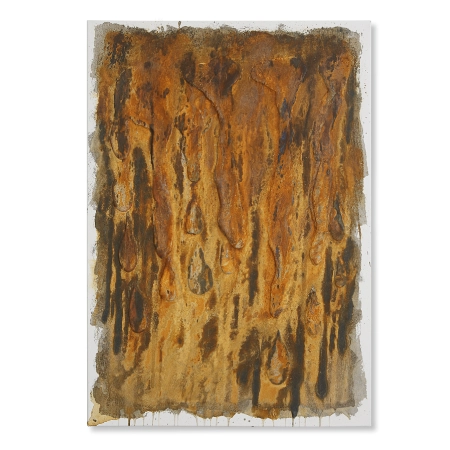 Eine mit oxidiertem Metalloxid und farbigem Kunststoff gestaltete Leinwand im Format 70 cm x 100 cm. Über die Leinwandfläche scheinen vom oberen Rand unterschiedlich große Tropfen, wie Tränen, nach unten zu fließen. | mixed-art