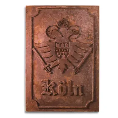 Kunstwerk auf Leinwand, das das Kölner Stadtwappen mit Adler zeigt.