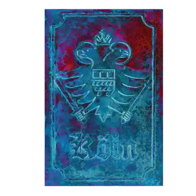 Kölner Stadtwappen mit Adler digital verfremdet und blaurot eingefärbt.