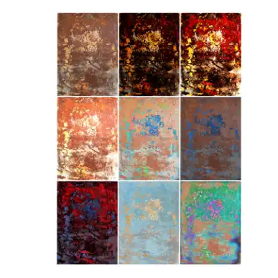 Poster mit 9 unterschiedlich eingefärbten Darstellungen eines Kunstwerks mit wilder abstrakter Oberfläche.