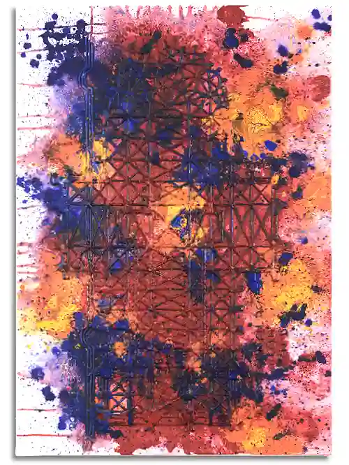 Leinwand im Format 70 cm x 100 cm, mit Grundriss des Kölner Doms aus farbigem Kunststoff auf Leinwand, flächenweise mit farbiger Acrylfarbe übermalt.