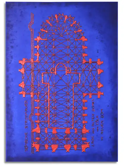 Leinwand im Format 70 cm x 100 cm, mit Leinwand mit Grundriss des Kölner Doms. Mit rotem, flüssigem Kunststoff auf blauer Acrylfarbe übermalt. Durch den Komplementärkontrast leuchtet das Rot.