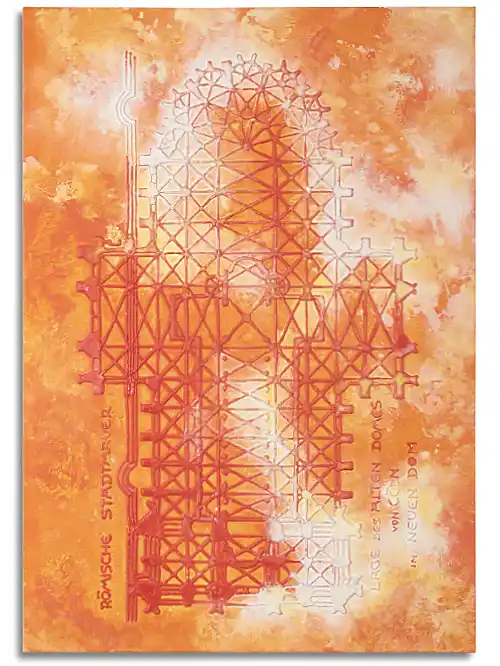 Leinwand im Format 70 cm x 100 cm, mit Grundriss des Kölner Doms. Mit transparentem, flüssigem Kunststoff auf Leinwand gemalt und mit weißer und orangener Acrylfarbe übermalt. Anmutung einer wütenden Feuersbrunst.