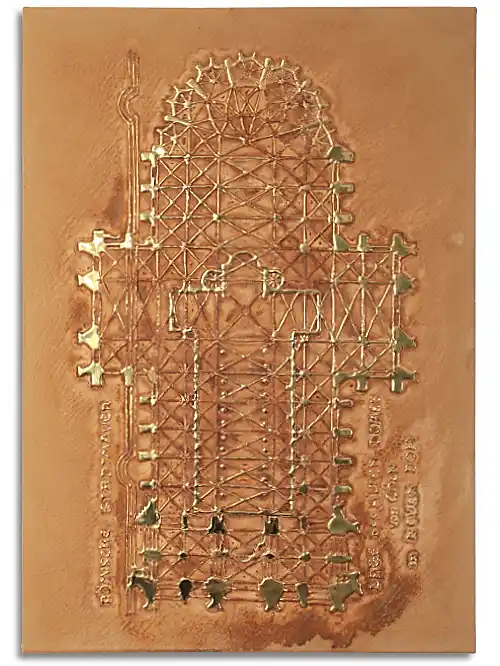 Leinwand im Format 70 cm x 100 cm, mit Grundriss des Kölner Doms. Mit Kunststoff aufgebracht und anschließend mit Blattgold-Imitat belegt. In der Anmutung einer Ausgrabungsstätte in der Wüste. 