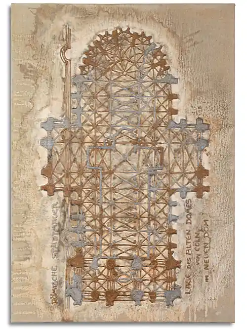  Leinwand im Format 70 cm x 100 cm, mit Grundriss des Kölner Doms mit goldenem und silbernem Kunststoff in ein erdfarbenes, leicht oxidiertes Umfeld auf Leinwand gemalt.