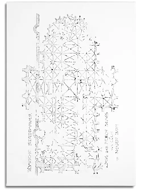 Leinwand im Format 70 cm x 100 cm, mit Grundriss des Kölner Doms mit schwarzem, flüssigem Kunststoff auf Leinwand und mit weißer Acrylfarbe übermalt. Anmutung zerreißender Oberfläche durch die der dunkle Untergrund hervorbricht.
