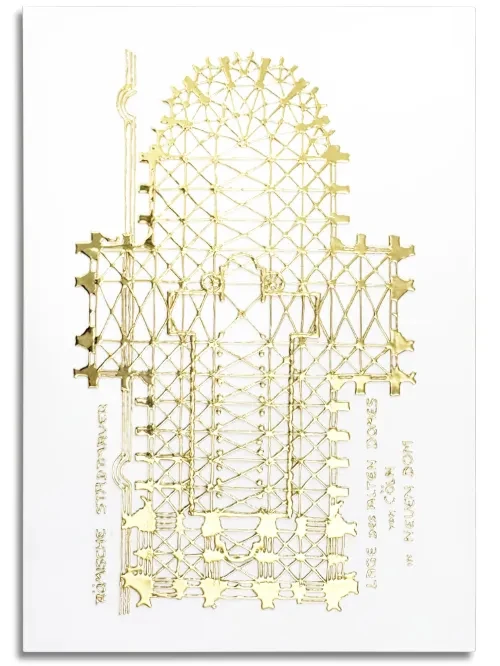 Leinwand im Format 70 cm x 100 cm, mit Grundriss des Kölner Doms. Mit flüssigem Kunststoff aufgebracht und anschließend mit Blattgold-Imitat belegt.