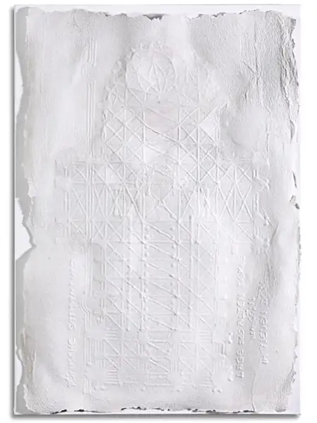 Leinwand im Format 70 cm x 100 cm, mit aufgeklebtem, leicht welligem Papierabdruck des Grundrisses vom Kölner Dom.