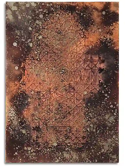 Leinwand im Format 70 cm x 100 cm, mit erhabenem Grundriss des Kölner Doms auf Leinwand, verdeckt unter einer Oxid-Schicht.