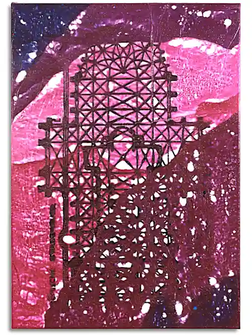 Leinwand im Format 70 cm x 100 cm, mit Grundriss des Kölner Doms. Mit schwarzem, flüssigem Kunststoff aufgebracht und in Anspielung auf die Kirche anschließend mit purpurfarbiger Folie überzogen.