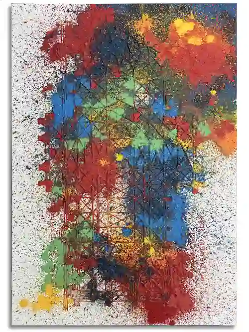Leinwand im Format 70 cm x 100 cm, mit Grundriss des Kölner Doms. Mit farbigem Kunststoff aufgebracht und anschließend mit farbige Acrylfarbe übermalt und überspritzt. Landkarten Anmutung vor farbigem Sternenhimmel.