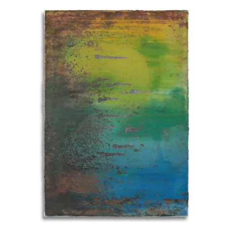 Leinwand im Format 55 x 80 cm mit aktivierter Acryloxydmischung von links und verschieden farbigen Acrylfarben. In die Fläche ist die Zahl Zwei durch ein Raster gespachtelt.