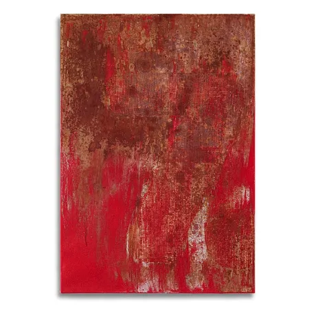 Leinwand im Format 55 x 80 cm mit aktivierter Acryloxydmischung im oberen Bildteil und roter sowie weißer Acrylfarbe im unteren Bildteil. In die Fläche ist die Zahl Sieben durch ein Raster gespachtelt. | mixed-art - wolfram schäfers