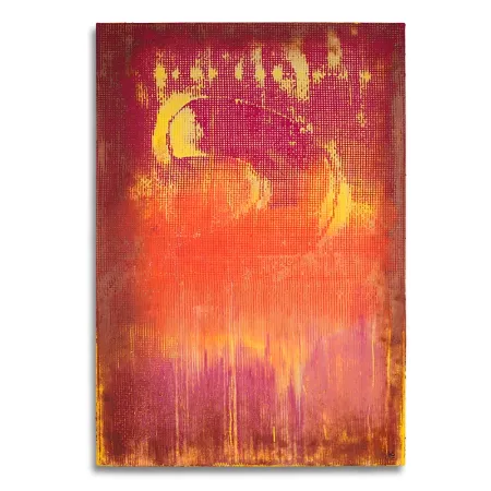 Leinwand im Format 55 x 80 cm mit Acryloxydmischung und rotgelben Acrylfarben. In die Fläche ist die Zahl Zwei durch ein Raster gespachtelt. | mixed-art - wolfram schäfers