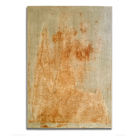 Abstrakte Ansicht des Kölner Doms auf einer 55 x 80 cm großen Leinwand. Gefertigt aus einer Acryl-, Oxydmischung, teilweise oxidiert und mit einem Raster aufgebracht. Interpretation 4 – von dem zeitgenössischen Künstler Wolfram Schäfers. | mixed-art