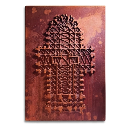 Grundriß des Kölner Doms auf einer 55 x 80 cm großen Leinwand. Gefertigt aus einer Acryl-, Oxydmischung auf Applikationen, in der Anmutung einer alten verrosteten Stahlplatte Von dem zeitgenössischen Künstler Wolfram Schäfers. | mixed-art