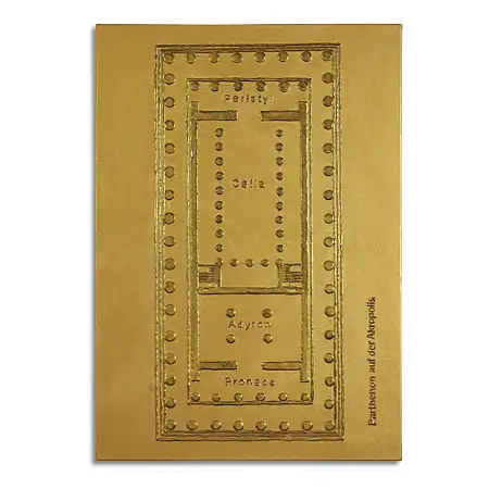 Leinwand mit dem Grundriss des Parthenon auf der Akropolis in schwarzem Kunststoff, mit goldener Acrylfarbe übermalt.