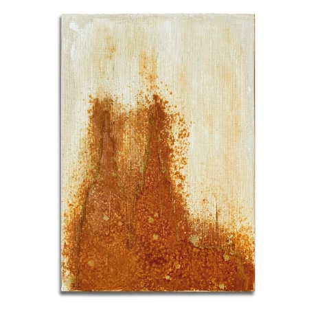 Abstrakte Ansicht des Kölner Doms auf einer 55 x 80 cm großen Leinwand. Gefertigt aus einer Acryl-, Oxydmischung, teilweise oxidiert und mit einem Raster aufgebracht. Interpretation 2 – von dem zeitgenössischen Künstler Wolfram Schäfers. | mixed-art