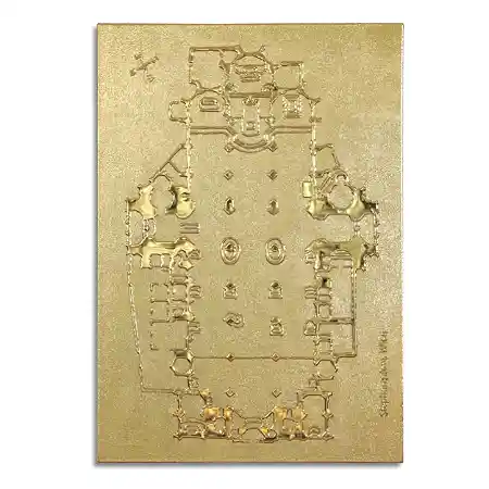 Leinwand mit dem Grundriss des Stephansdoms in Wien mit Kunststoff aufgebracht und mit Blattgold belegt.