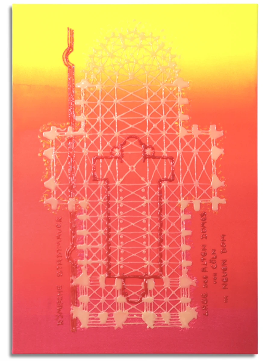 Die Architektur verwandelt sich in ein pulsierendes Lichtobjekt. Dom-Grundriss in leuchtenden Neonfarben mit Farbverläufen in Gelb, Orange, Rot und Pink.