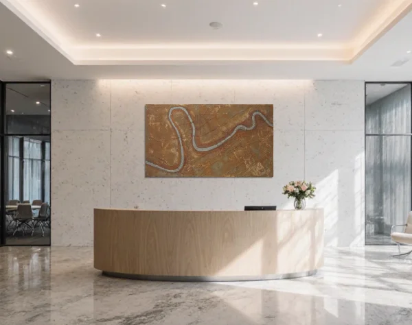Eine große Empfangshalle, über dem Tresen hängt ein großes Bild mit einem Silber farbigen, sich durch das Bild schlängelndem Fluss.