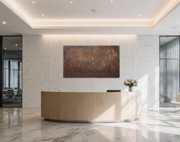 Eine große Empfangshalle, über dem Tresen hängt ein großes dunkelbraunes Bild mit aufgeklebtem Gras.