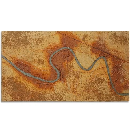 Eine Leinwand mit einer rostigen Oxydmischung überzogen, über die Bildfläche schlängelt sich ein Abschnitt vom Fluß Tigris.