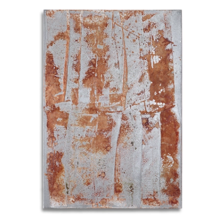 Silberlack mit Oxyd-Mischung vom oberen und unteren Rand einer Leinwand (55 cm x 80 cm groß) zur Leinwandmitte hin gespachtelt. Mit Rostfarbtönen durch die teilweise oxidierten Flächen. – mixed-art