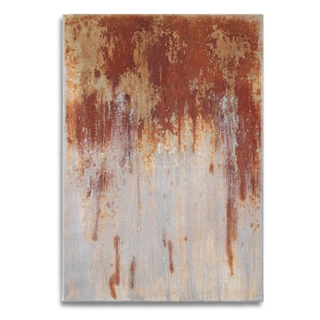 Silberlack mit Oxyd-Mischung quer über eine Leinwand (55 cm x 80 cm groß) gespachtelt. Mit großer „spiegelnder“ Silberfläche zwischen den Rostfarbtönen auf der übrigen Leinwand und den dort oxidierten Flächen. – mixed-art