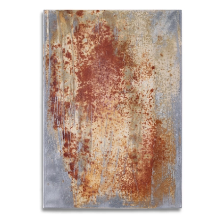 Silberlack mit Oxyd-Mischung auf eine Leinwand (55 cm x 80 cm groß) gespachtelt. Mit großflächigen oxidierten Flächen in Rostfarbtönen. – mixed-art