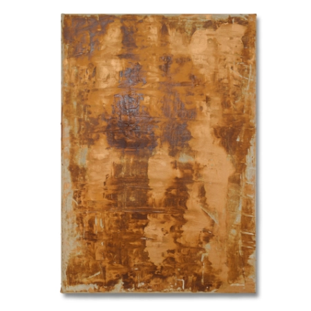 Eine mit Metalloxyd und bronzefarbenem Metalllack gestaltete Leinwand im Format 55 cm x 80 cm. Die wellenförmig aufgespachtelte Metallemulsion ist zum Teil stark verrostet.