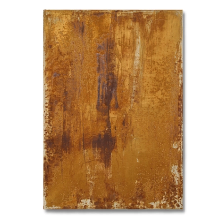 Eine mit Metalloxyd und Metalllack gestaltete Leinwand im Format 55 cm x 80 cm. Die aufgespachtelte Metallemulsion ist zum Teil stark verrostet.