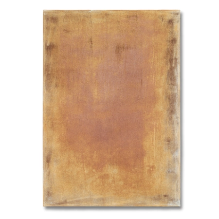 Eine mit Metalloxyd gestaltete Leinwand im Format 55 cm x 80 cm. Teilweise stark verrostet, die Farben reichen von einem zarten Beige bis zu einem dunklem Rostbraun.