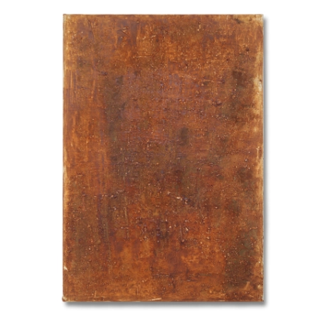 Eine mit Metalloxyd gestaltete Leinwand im Format 55 cm x 80 cm. Stark verrostet und mit körnigen Einschlüssen versehen.