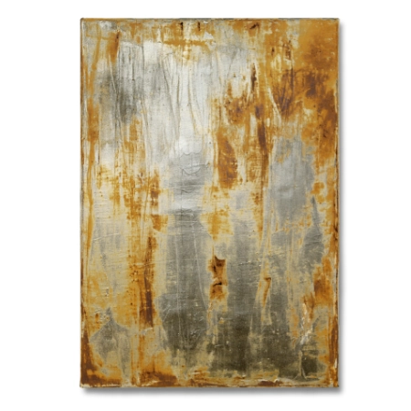 Eine mit Metalloxyd und silberfarbenem Metalllack gestaltete Leinwand im Format 55 cm x 80 cm. Die aufgespachtelte Oxydemulsion ist zum Teil stark verrostet.