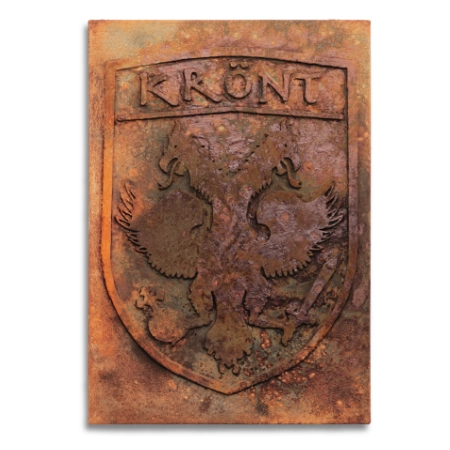 Abstraktes Wappen auf einer 55 x 80 cm großen Leinwand. Eine oxidierte Acryl-/ Oxydmischung auf Applikationen zeigt eine scheinbar uralte, verrostete Metallplatte mit einem aufgesetztem Greifenwappen. Von dem zeitgenössischen Künstler Wolfram Schäfers. | mixed-art